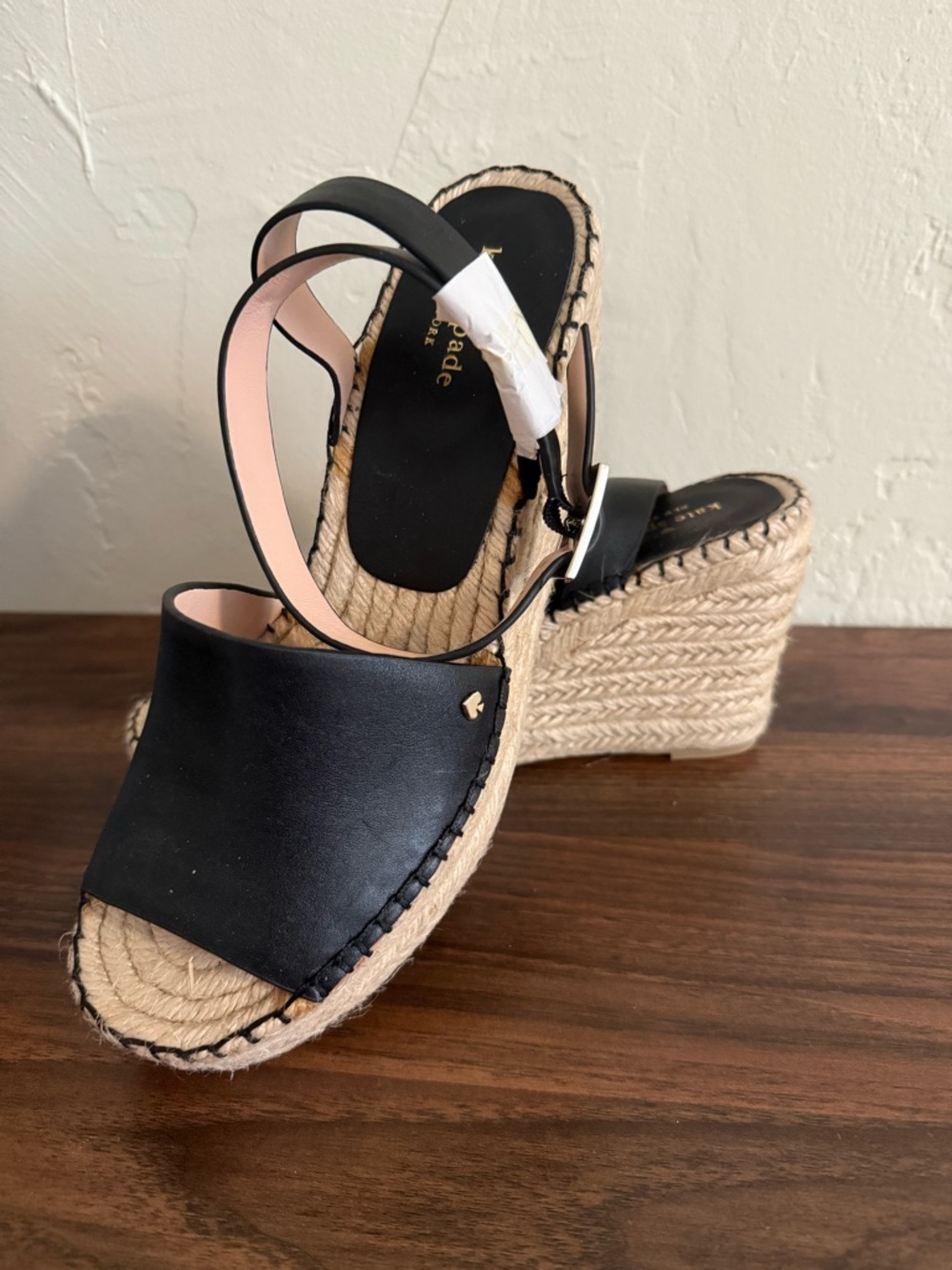 kate spade Black Espadrille Wedge Sandals with Pink Lining